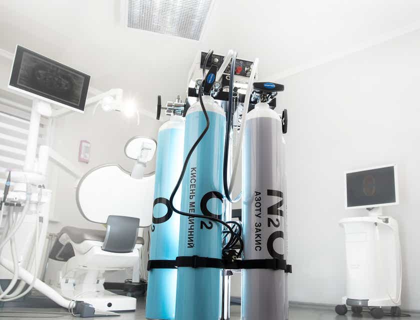 A view of medical tanks with oxygen and nitrous oxide.