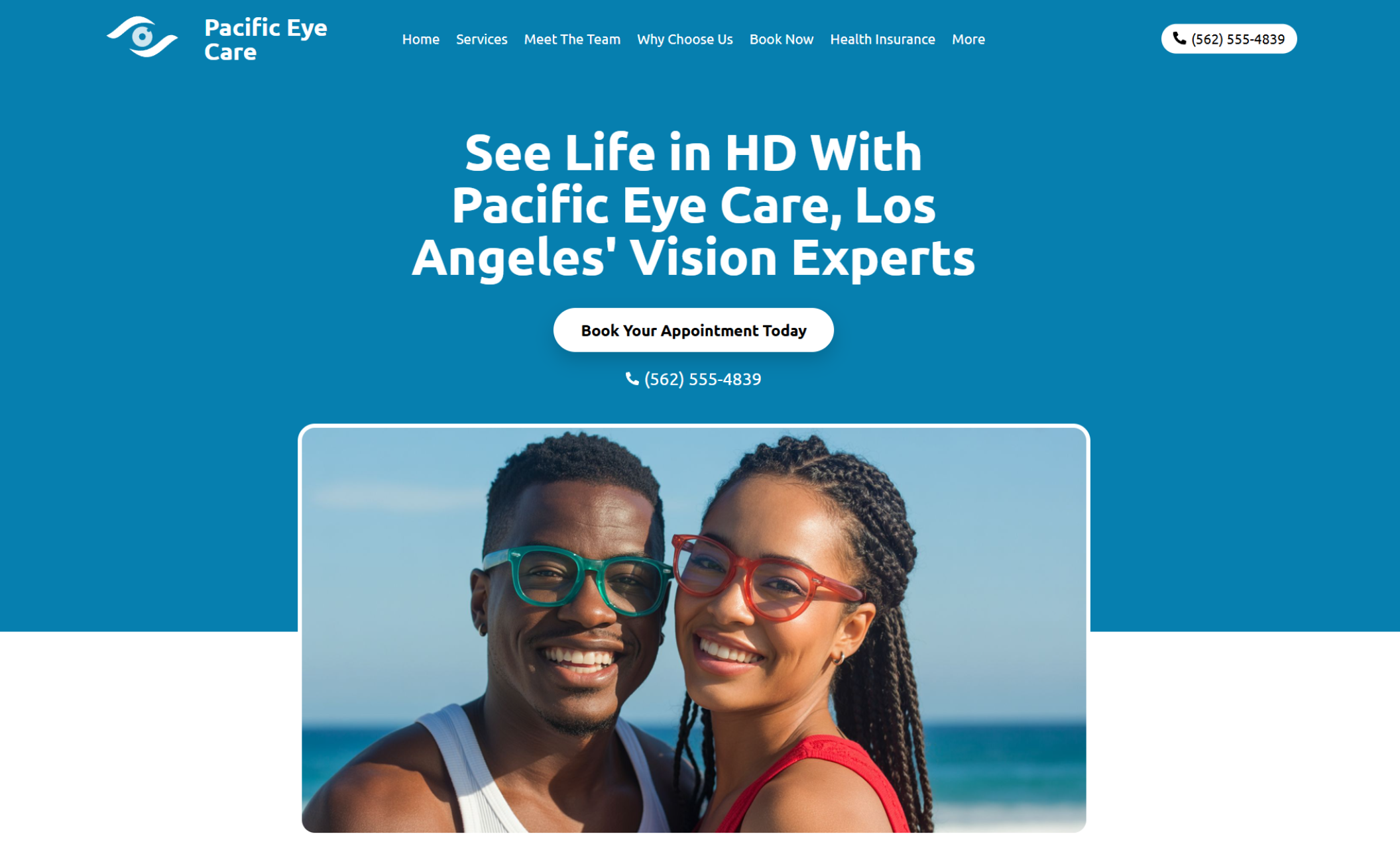 Pacific Eye Care homepage featuring a smiling couple in colorful eyeglass frames at the beach under the heading “See Life in HD With Pacific Eye Care, Los Angeles' Vision Experts” and a white booking button