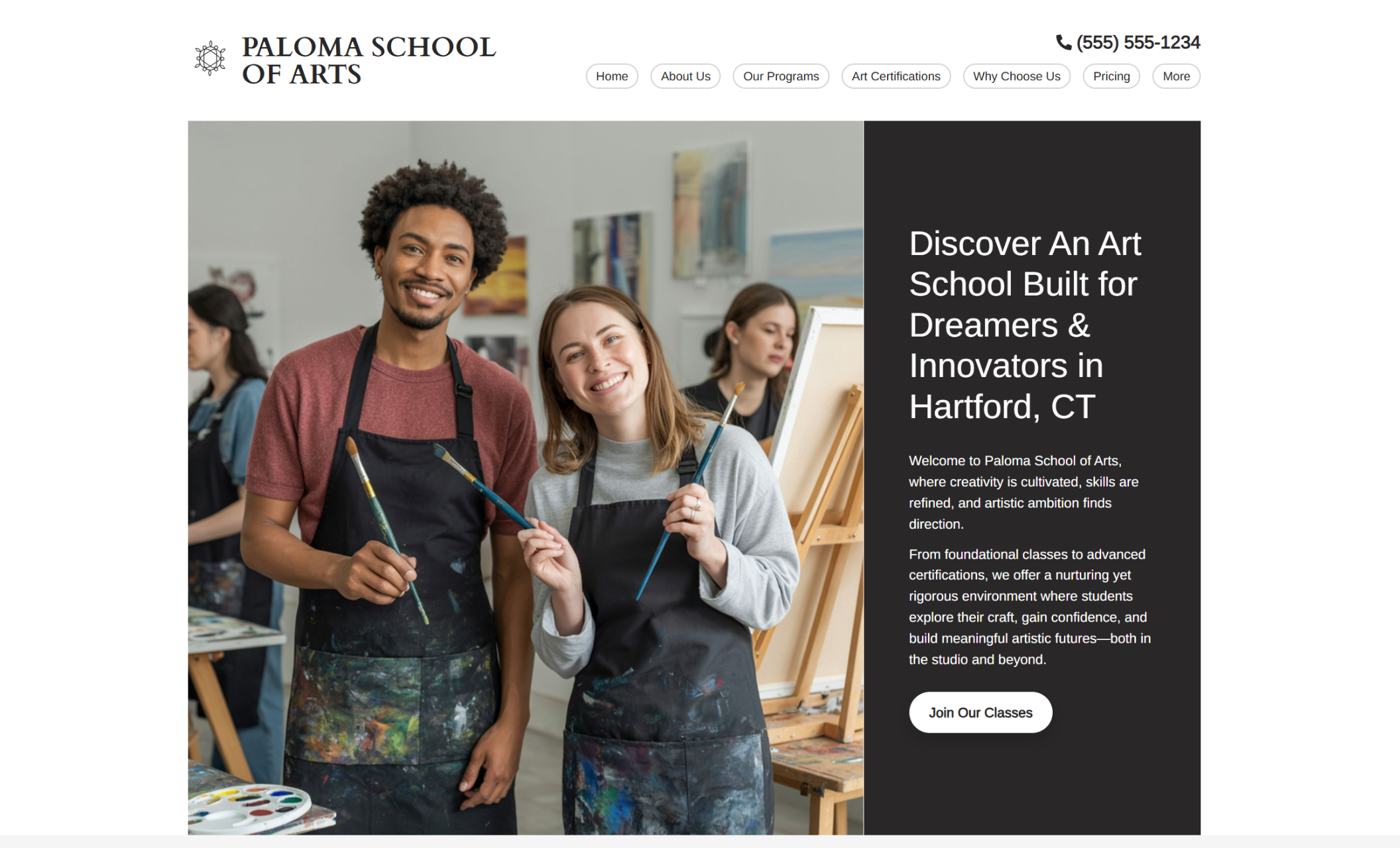 Paloma School of Arts homepage featuring two smiling art students in paint-splattered aprons holding brushes in a studio, beside the headline “Discover An Art School Built for Dreamers & Innovators in Hartford, CT” and a “Join Our Classes” button