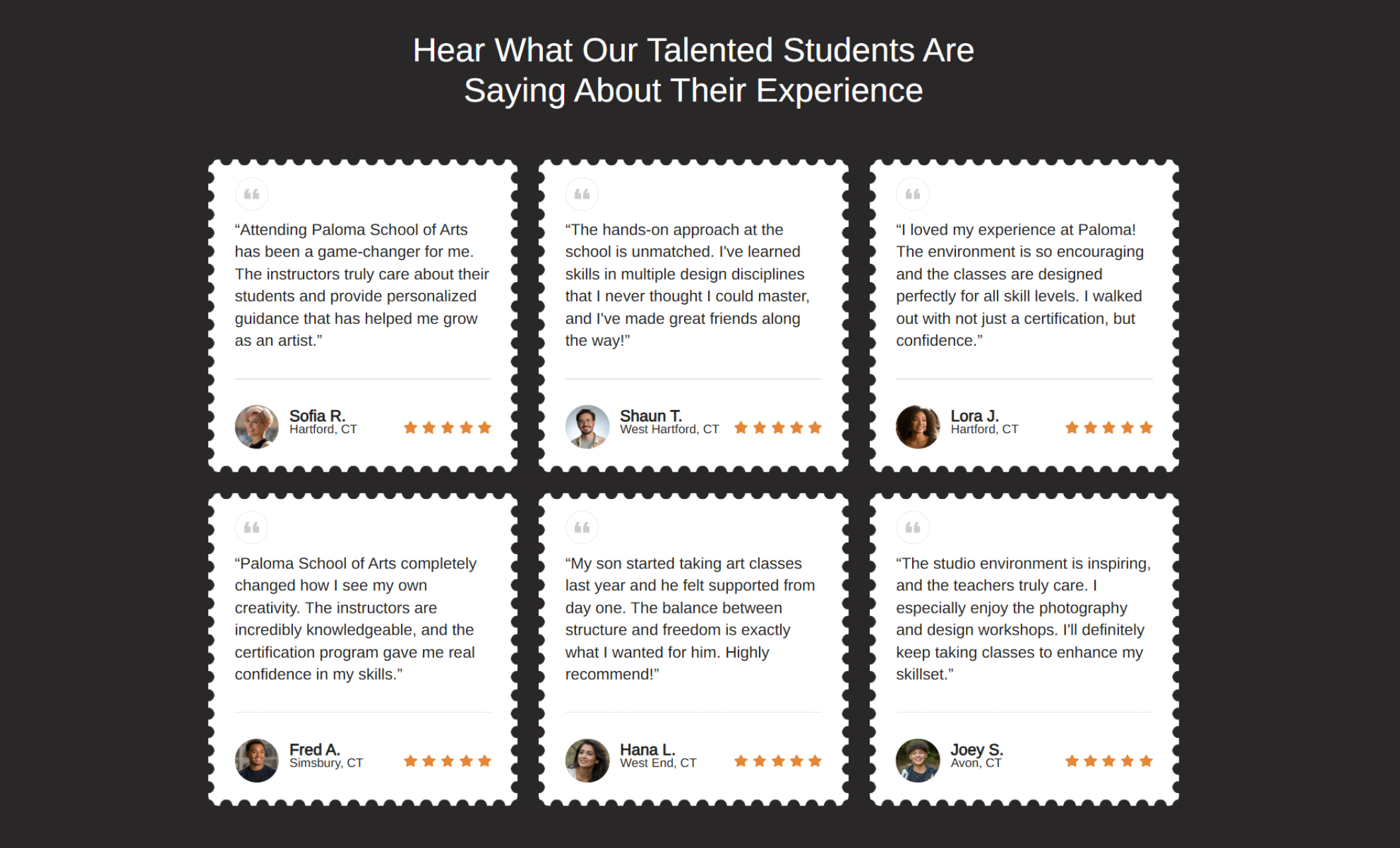 Paloma School of Arts testimonials section featuring six student reviews displayed as stamp-style cards with five-star ratings, student headshots, names, and locations describing hands-on learning and supportive instructors