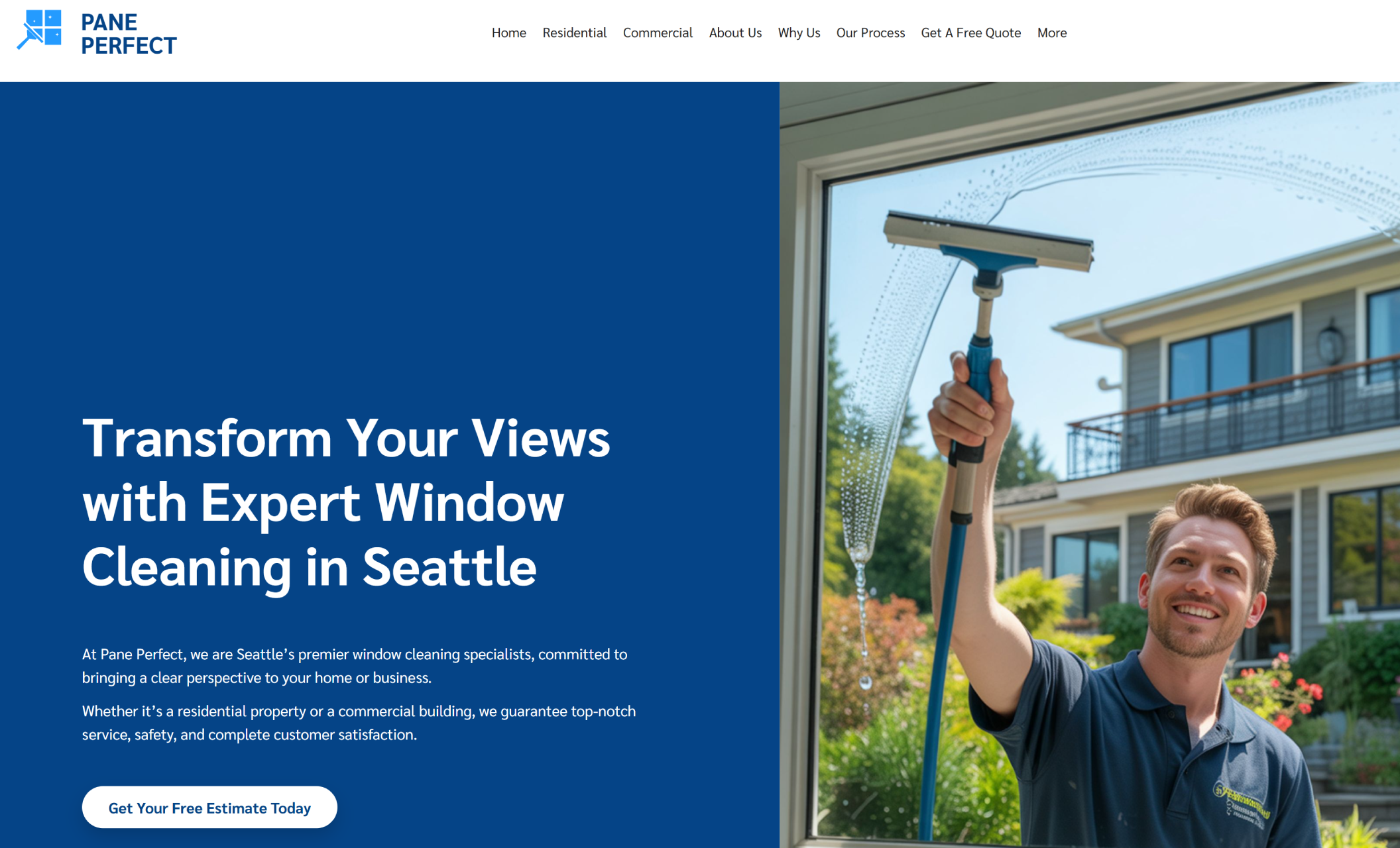 Pane Perfect homepage featuring a smiling man in a navy polo shirt cleaning a large exterior window with a squeegee beside the headline “Transform Your Views with Expert Window Cleaning in Seattle” and a white button labeled “Get Your Free Estimate Today.”