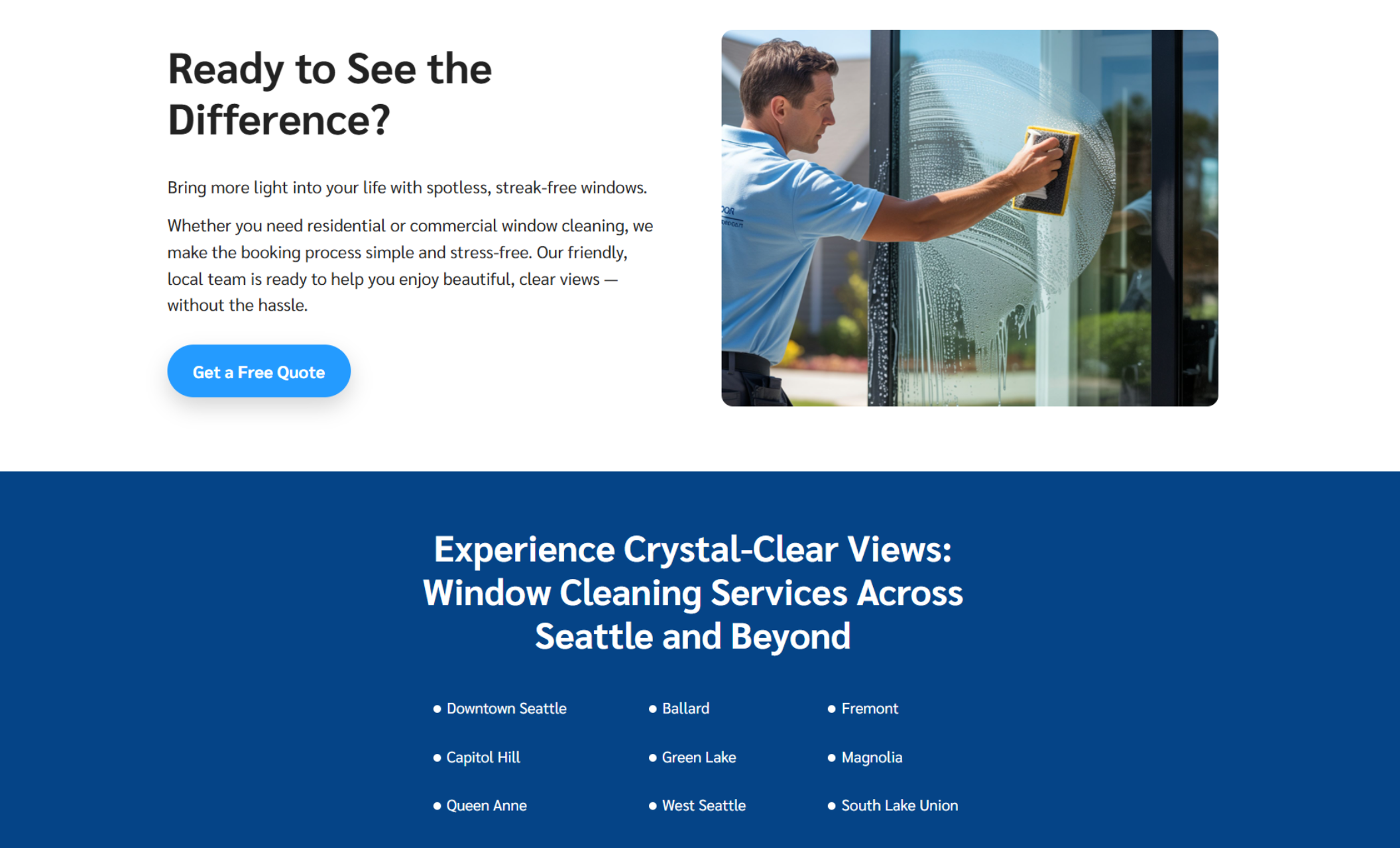 Section showing a man polishing a window with a sponge, next to the headline “Ready to See the Difference?” and a bright blue button that says “Get a Free Quote.”