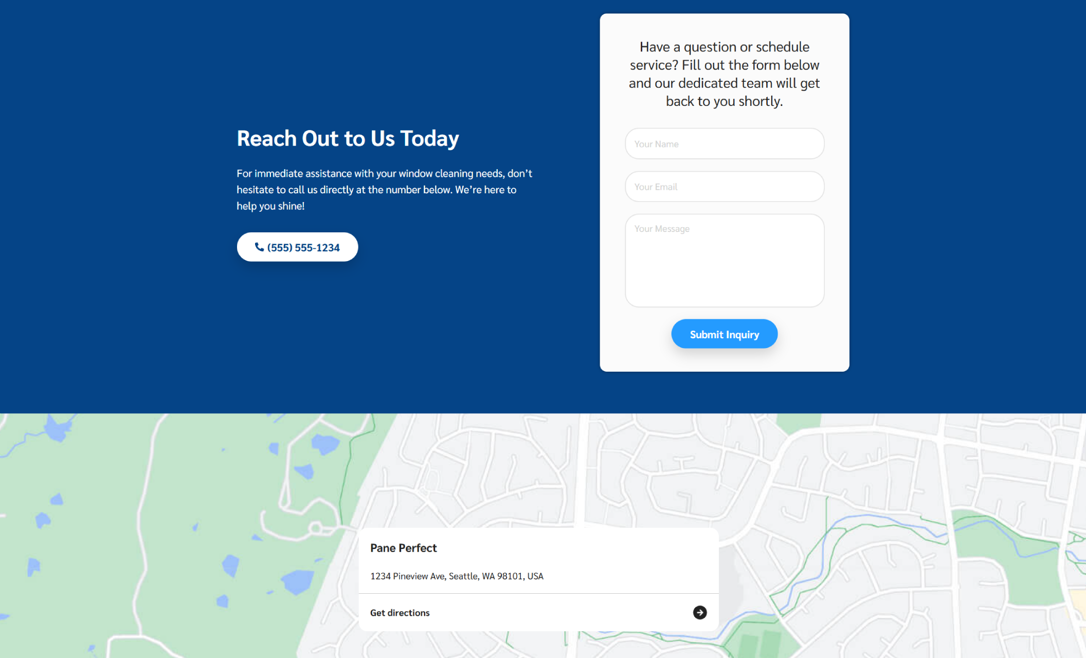 Contact section with a bright blue background and embedded form, alongside a phone number and map pinpointing Pane Perfect’s Seattle location
