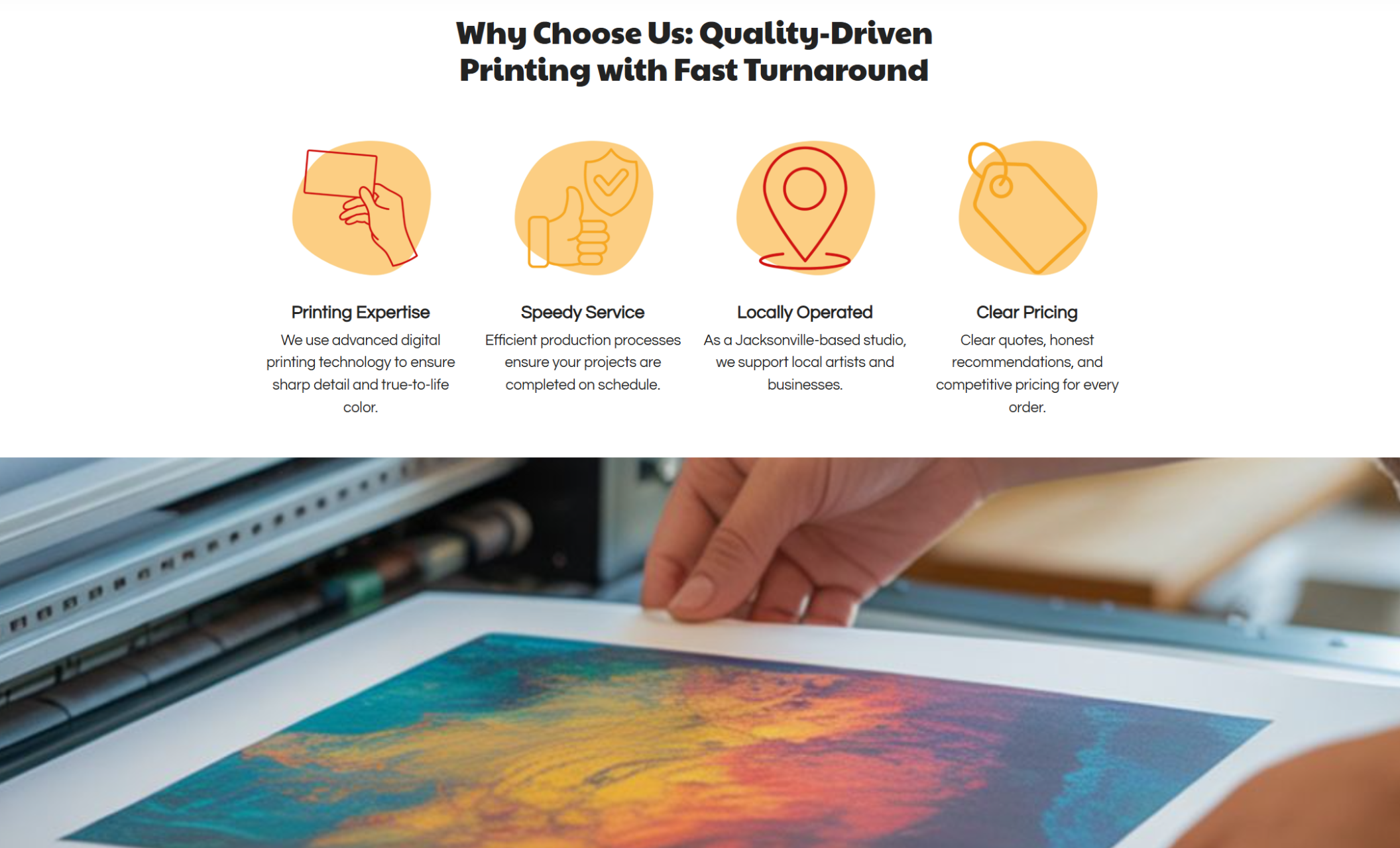 Paper & Pixel Co. “Why Choose Us” section labeled “Quality-Driven Printing with Fast Turnaround,” showcasing icons for Printing Expertise, Speedy Service, Locally Operated, and Clear Pricing above a close-up of a vibrant art print coming out of a large-format printer