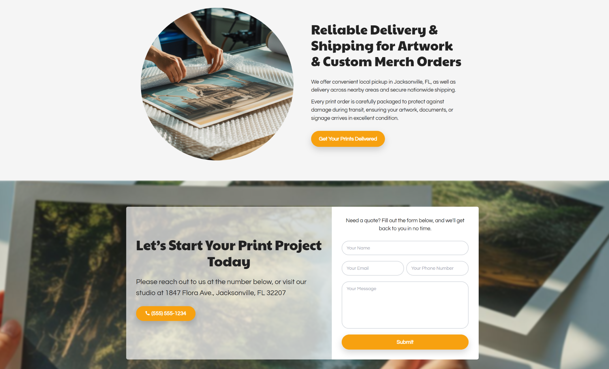 Paper & Pixel Co. delivery section titled “Reliable Delivery & Shipping for Artwork & Custom Merch Orders,” featuring a circular image of hands wrapping a fine art print in protective bubble wrap and a “Get Your Prints Delivered” button