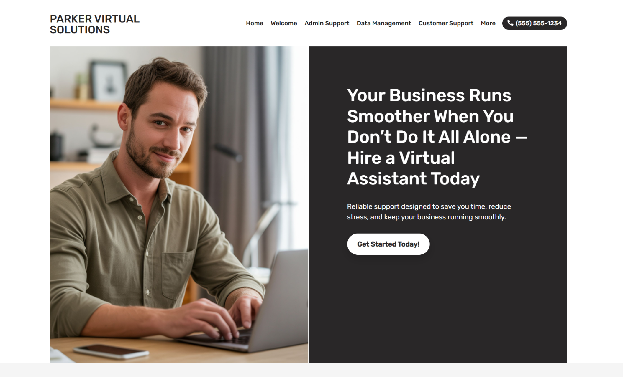 Parker Virtual Solutions homepage featuring a man at a desk typing on a laptop beside the headline “Your Business Runs Smoother When You Don’t Do It All Alone — Hire a Virtual Assistant Today” and a white button labeled “Get Started Today!”