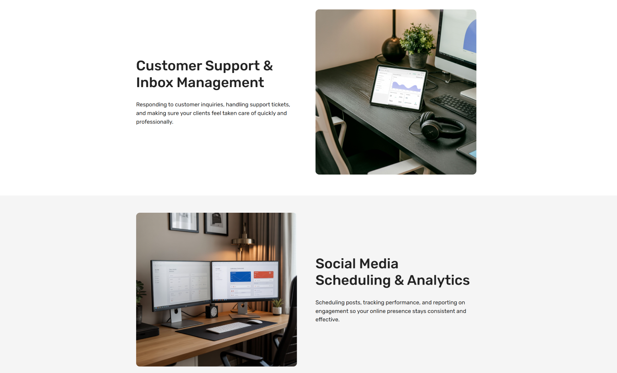 Parker Virtual Solutions service section with the headline “Customer Support & Inbox Management” next to a dark desk setup with a tablet showing performance graphs, headphones, and a potted plant