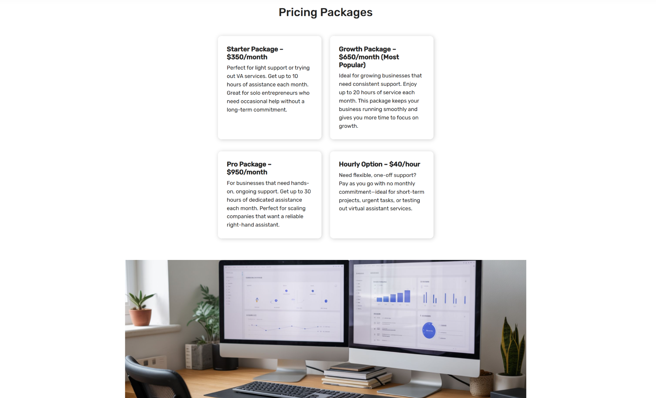 Parker Virtual Solutions pricing section featuring four white cards detailing Starter, Growth, Pro, and Hourly virtual assistant packages, displayed above a desktop workspace with dual monitors and charts