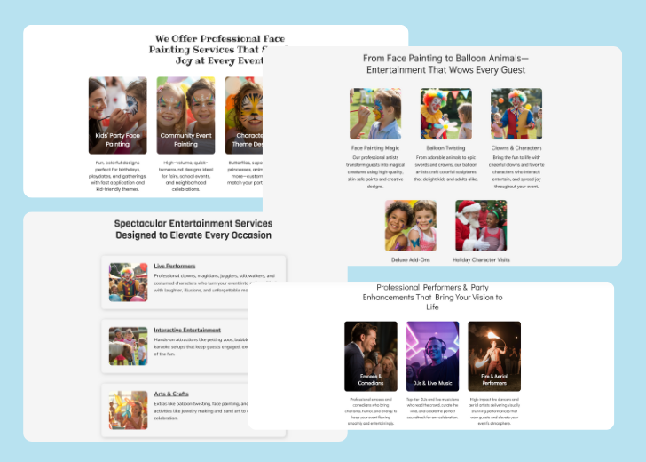 A collage of services section generated by Zarla showing different styles of service items, all having a picture, a title, and a brief description