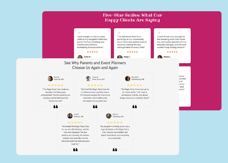 A collage of reviews section generated by Zarla showing different styles of testimonials