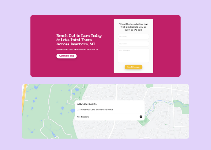 A screenshot of a header with navigation pills with contact number, a blue-colored primary button with contact number, and a 2D depiction of a map with a business address in the center