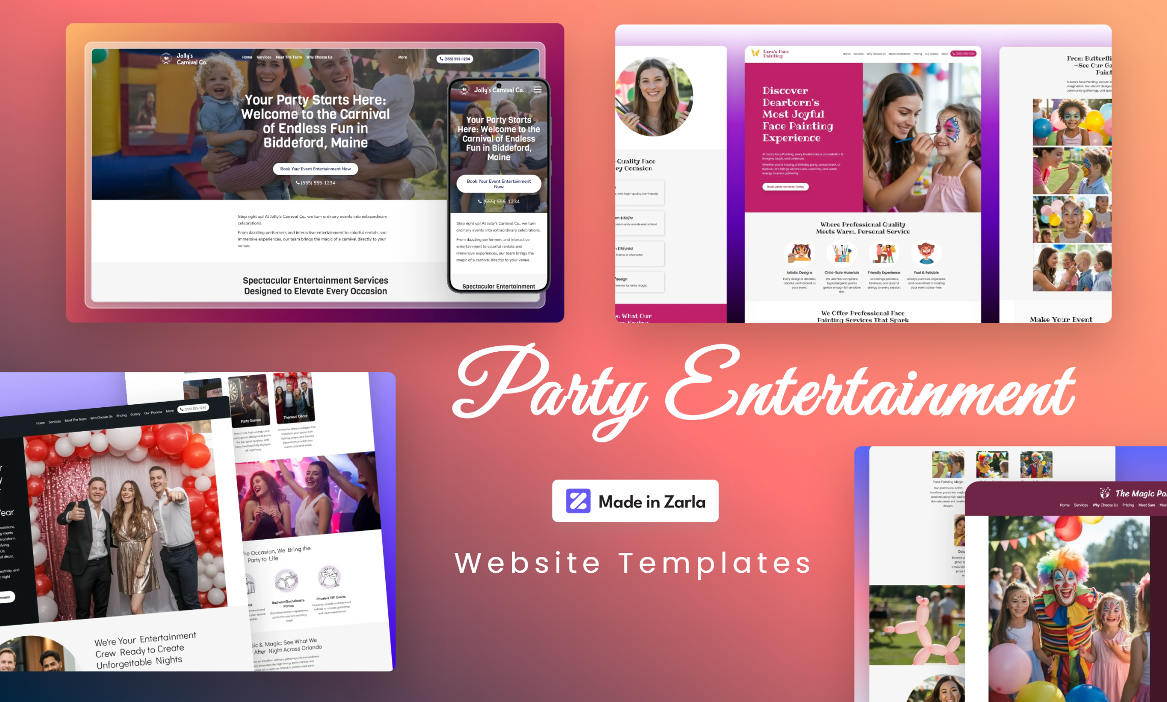 Collection of party entertainment website templates created with Zarla