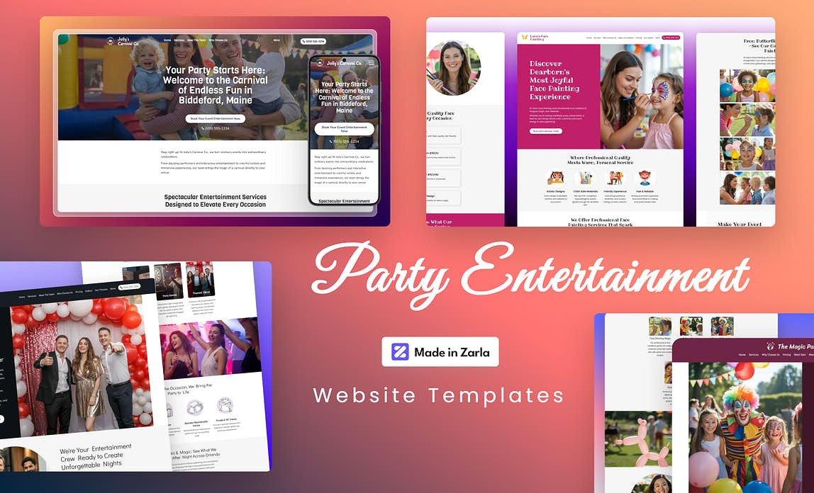 Collection of party entertainment website templates created with Zarla