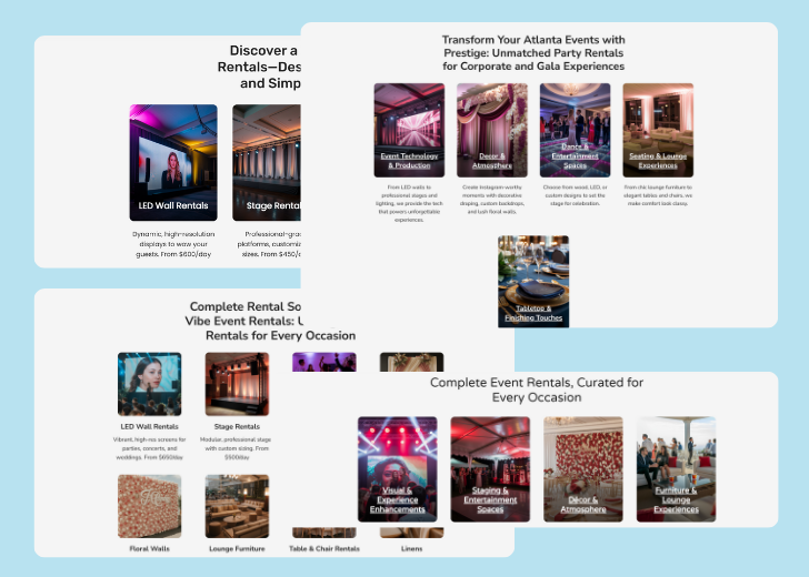 A collage of services section generated by Zarla showing different styles of service items, all having a picture, a title, and a brief description