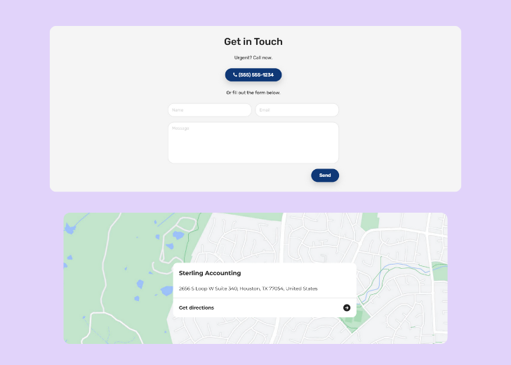 A screenshot of a header with navigation pills with contact number, a blue-colored primary button with contact number, and a 2D depiction of a map with a business address in the center