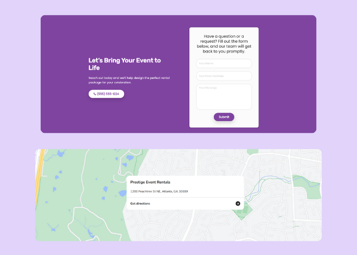 A screenshot of a header with navigation pills with contact number, a blue-colored primary button with contact number, and a 2D depiction of a map with a business address in the center