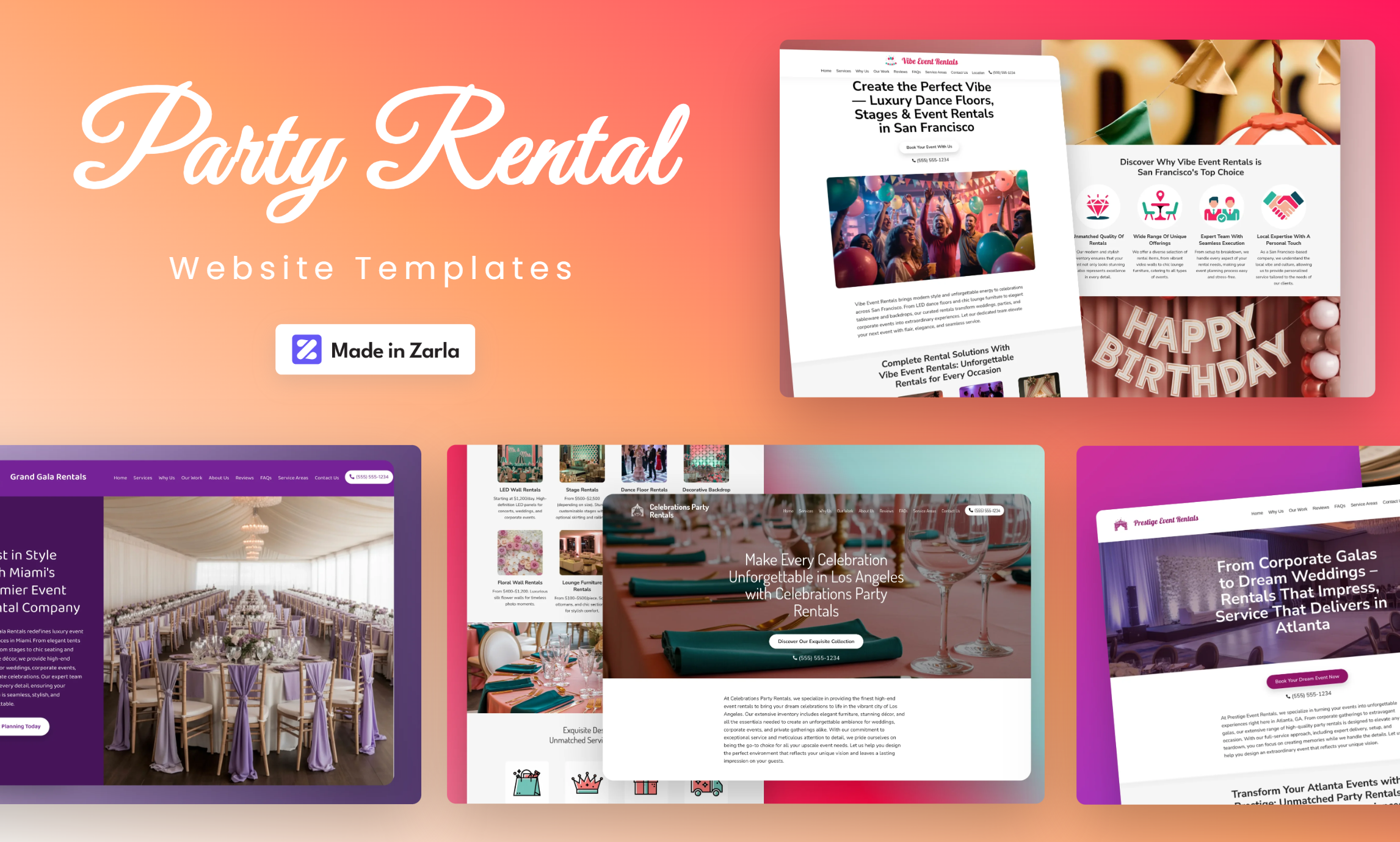 Collection of party rental website templates created with Zarla