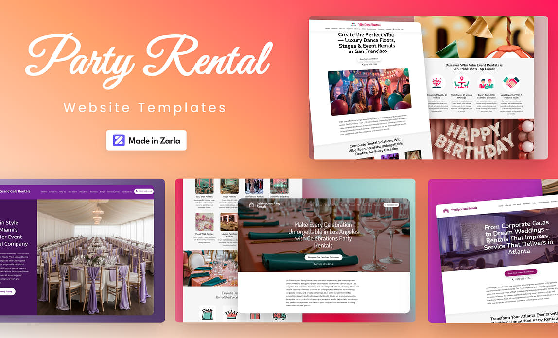 Collection of party rental website templates created with Zarla