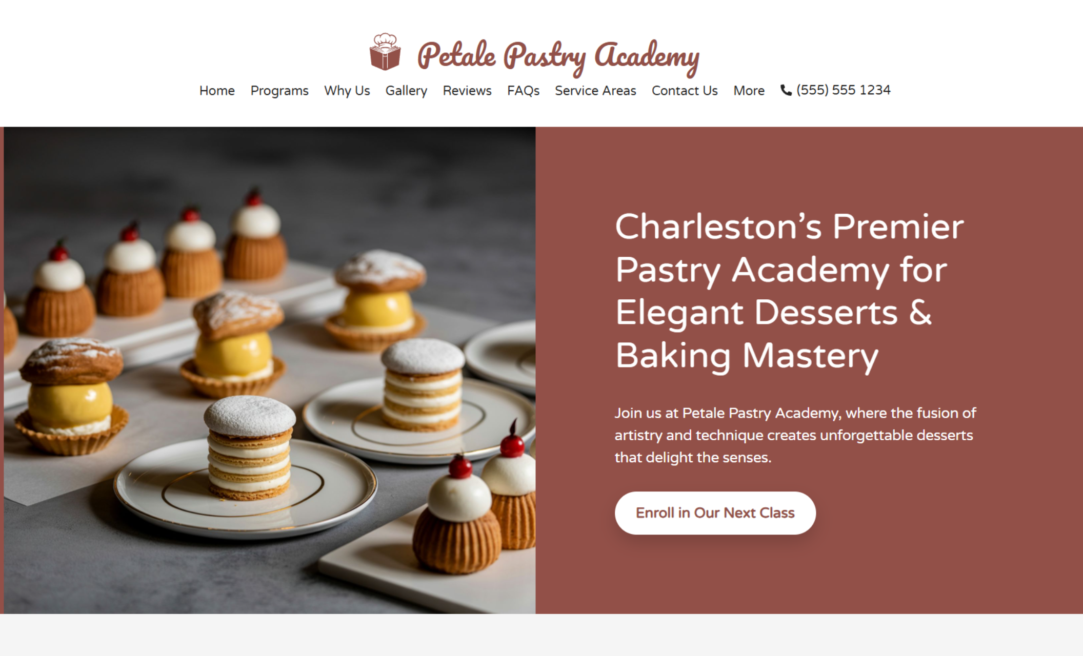 Petale Pastry Academy homepage with plated desserts beside the headline “Charleston’s Premier Pastry Academy for Elegant Desserts & Baking Mastery” and an enrollment button