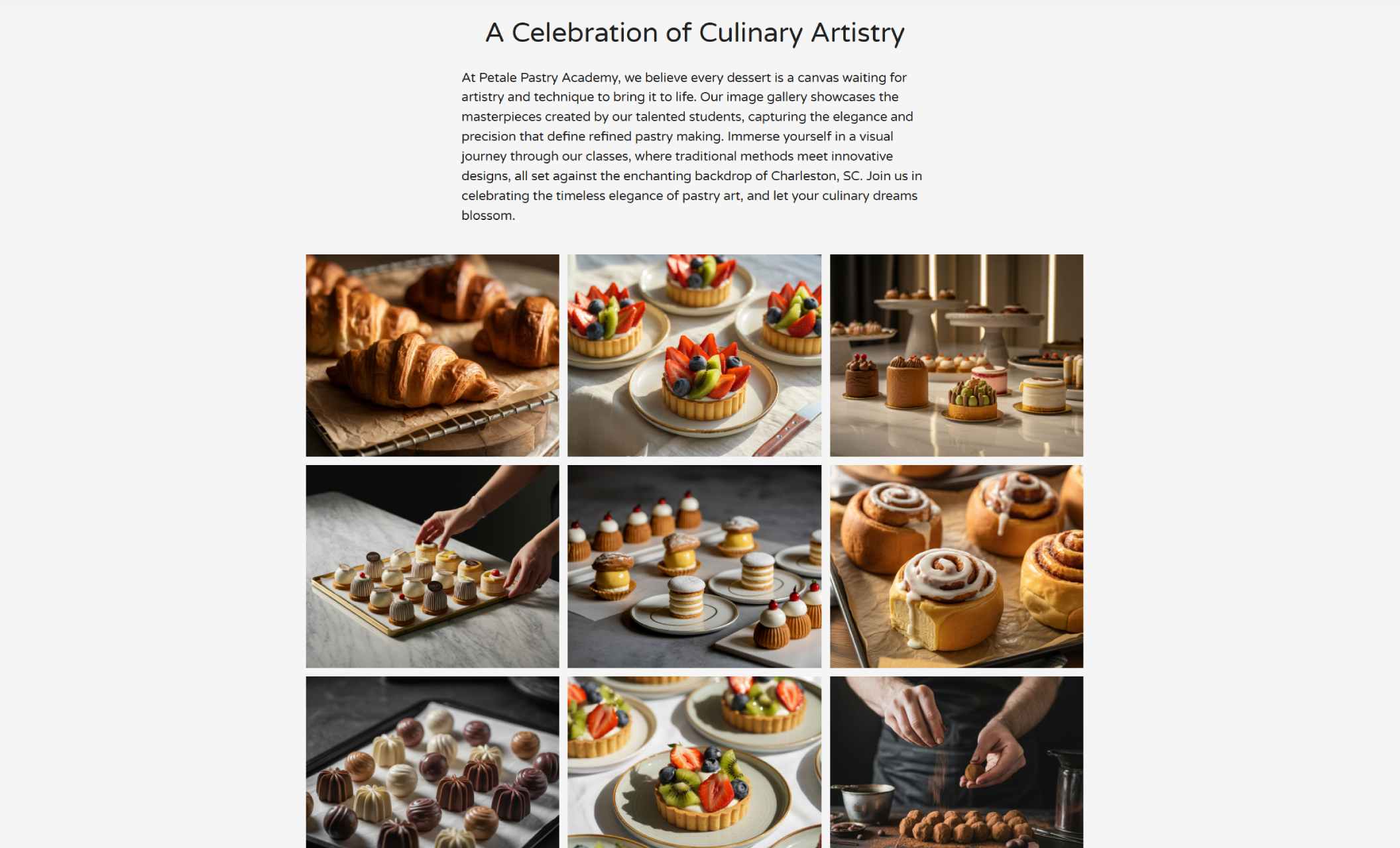 Petale Pastry Academy gallery section titled “A Celebration of Culinary Artistry,” showcasing a grid of pastries, croissants, tarts, and chocolate confections