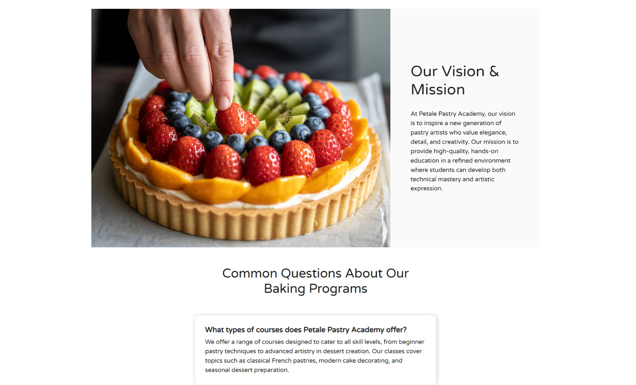 Petale Pastry Academy section featuring a vibrant fruit tart beside “Our Vision & Mission” text and a FAQ block about baking programs below