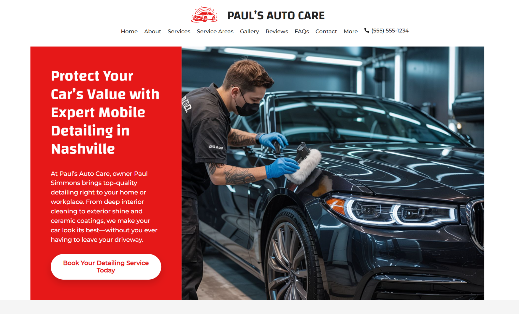 Paul’s Auto Care homepage hero image – Professional detailer in gloves and a mask polishes the hood of a sleek black BMW inside a well-lit garage beside the bold headline “Protect Your Car’s Value with Expert Mobile Detailing in Nashville.”