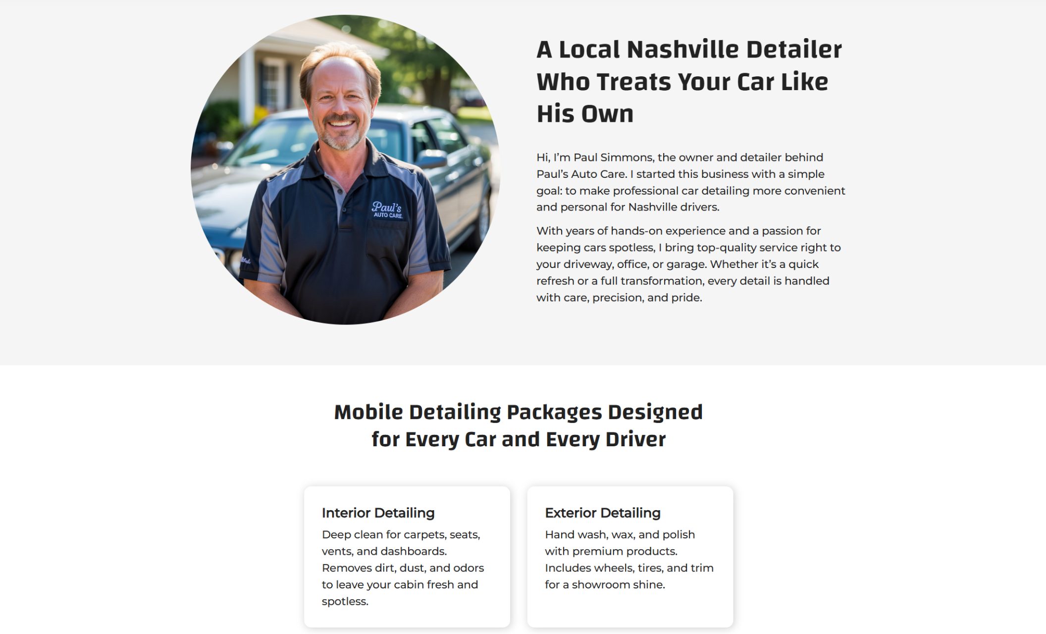 Paul’s Auto Care “Meet the Owner” section image – Smiling man in a navy polo shirt with the “Paul’s Auto Care” logo poses in front of a car, representing owner Paul Simmons alongside a headline introducing him as a trusted Nashville detailer
