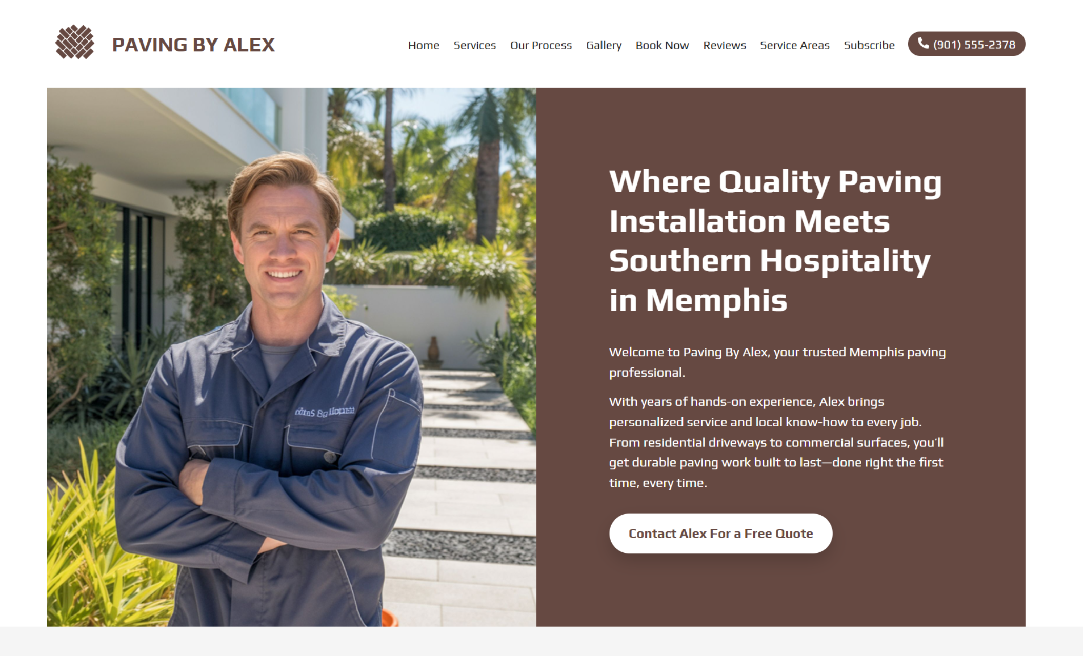 Paving by Alex homepage featuring Alex smiling in a navy work uniform with folded arms beside the headline “Where Quality Paving Installation Meets Southern Hospitality in Memphis” and a white contact button