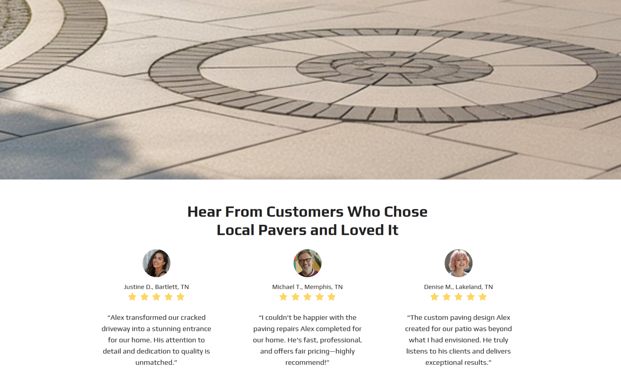 Paving by Alex customer reviews section showing a decorative stone paving design at the top and three client testimonials with photos, names, locations, star ratings, and positive quotes about Alex’s work