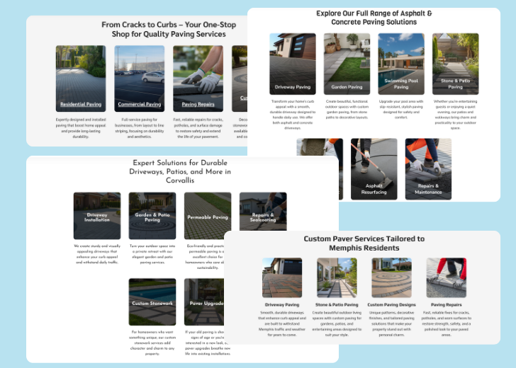 A collage of services section generated by Zarla showing different styles of service items, all having a picture, a title, and a brief description