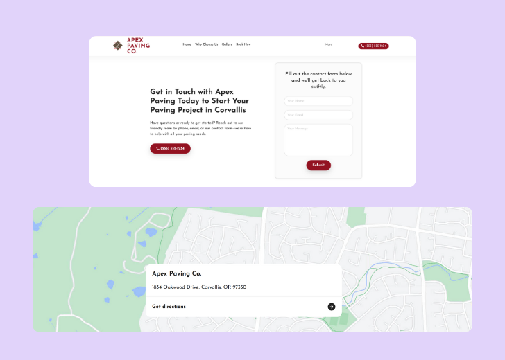 A screenshot of a header with navigation pills with contact number, a blue-colored primary button with contact number, and a 2D depiction of a map with a business address in the center