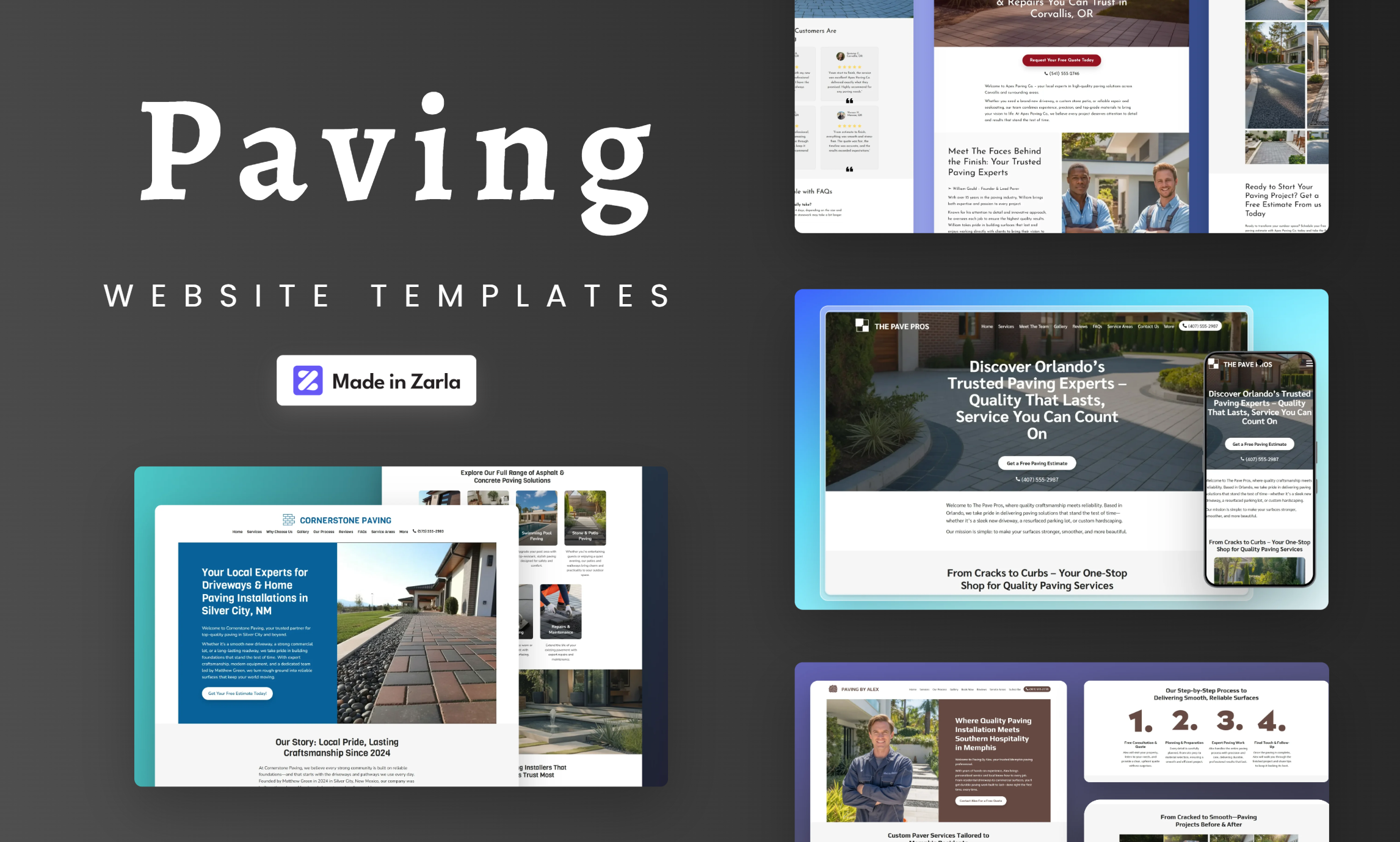 Collection of paving website templates created with Zarla
