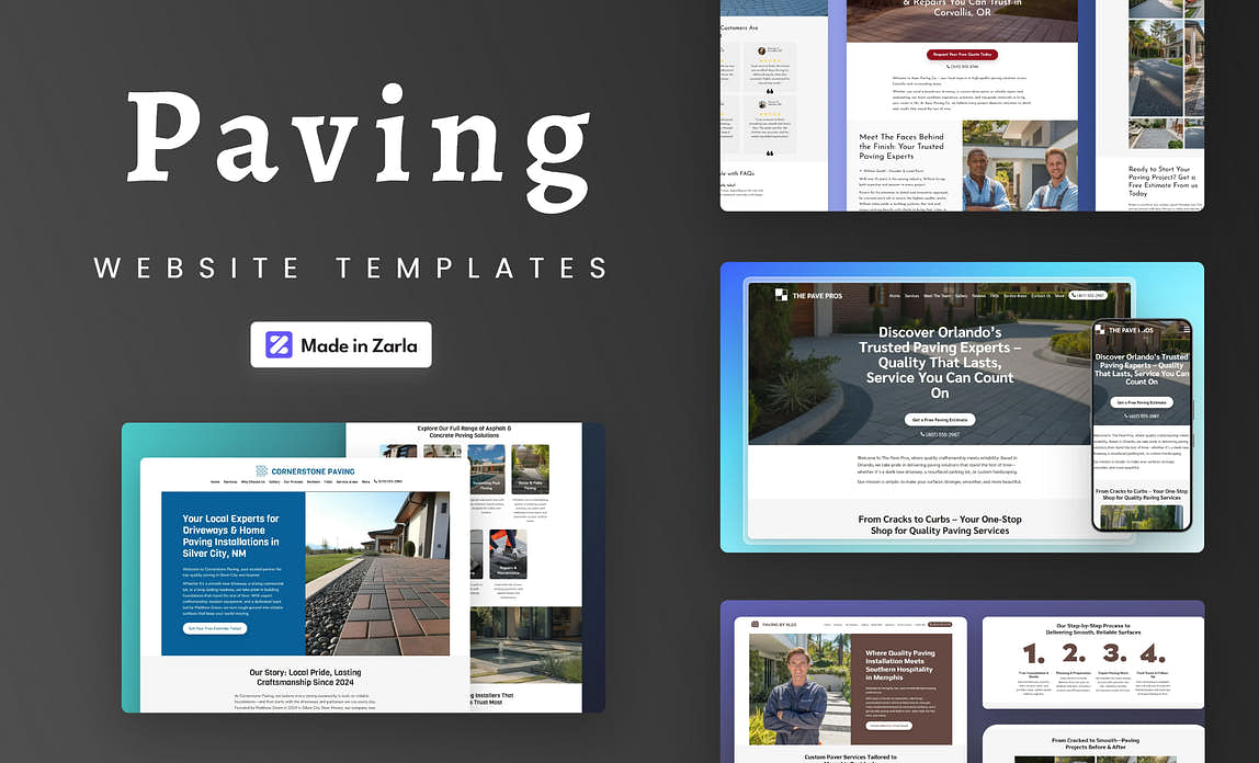 Collection of paving website templates created with Zarla
