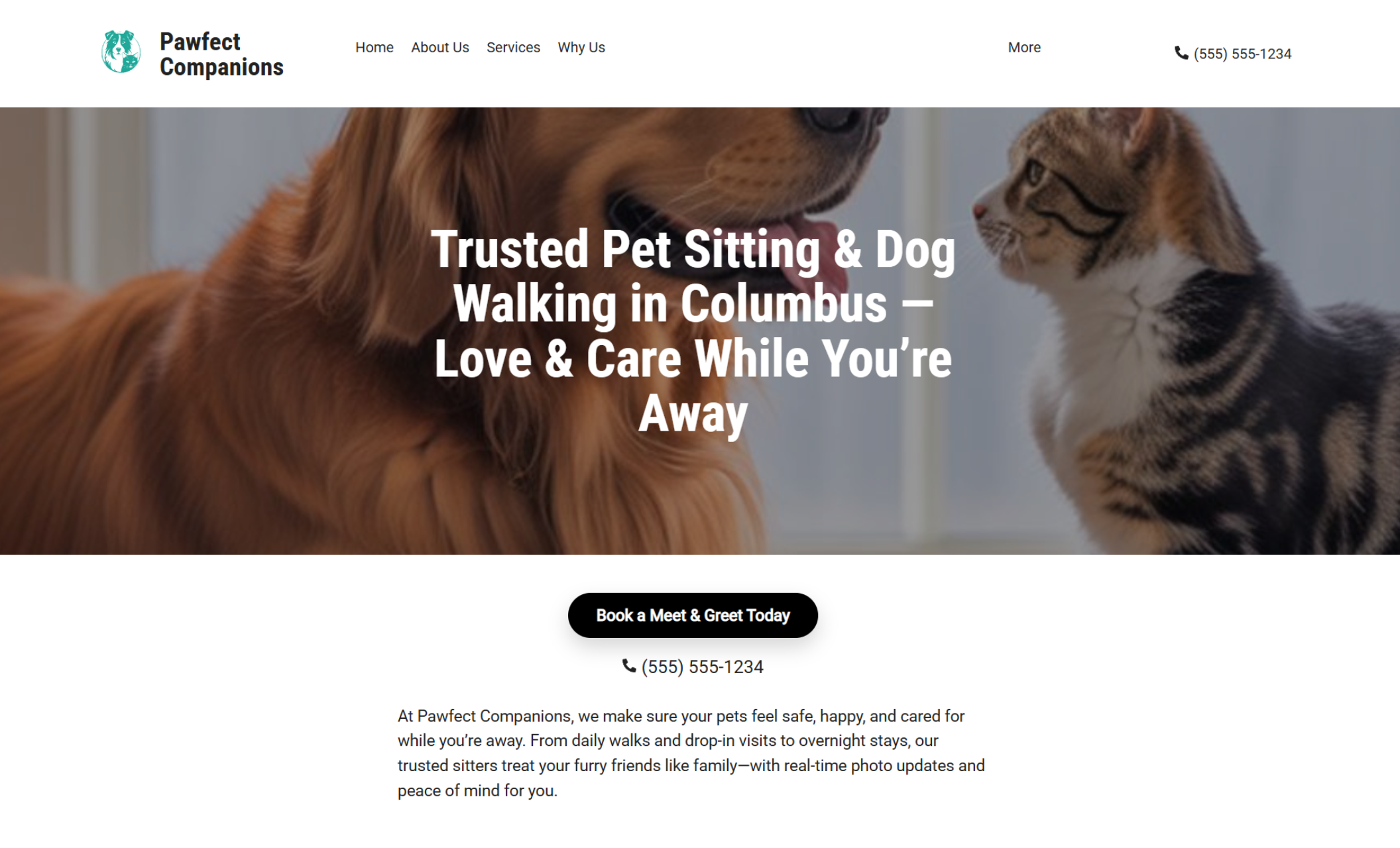 Homepage of Pawfect Companions showing a golden retriever and a tabby cat nose-to-nose with the headline “Trusted Pet Sitting & Dog Walking in Columbus — Love & Care While You’re Away” and a call-to-action button that says “Book a Meet & Greet Today.”