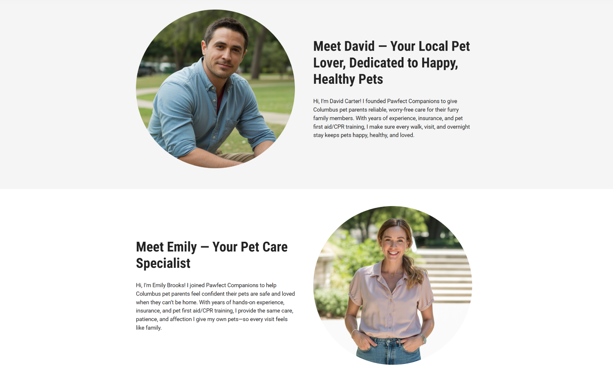 Team introduction section featuring a smiling man labeled as David, founder of Pawfect Companions, and a woman named Emily, both described as trained and insured pet care professionals dedicated to happy, healthy pets in Columbus