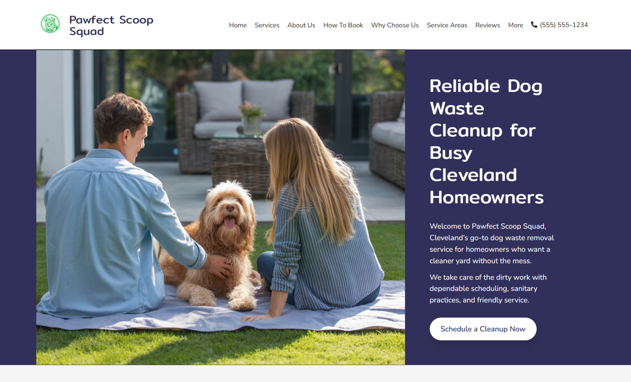 Pawfect Scoop Squad homepage hero featuring a joyful dog running across a tidy yard in front of a modern home, paired with the headline “Reliable Dog Waste Cleanup for Busy Cleveland Homeowners” and a white “Schedule a Cleanup Now” button