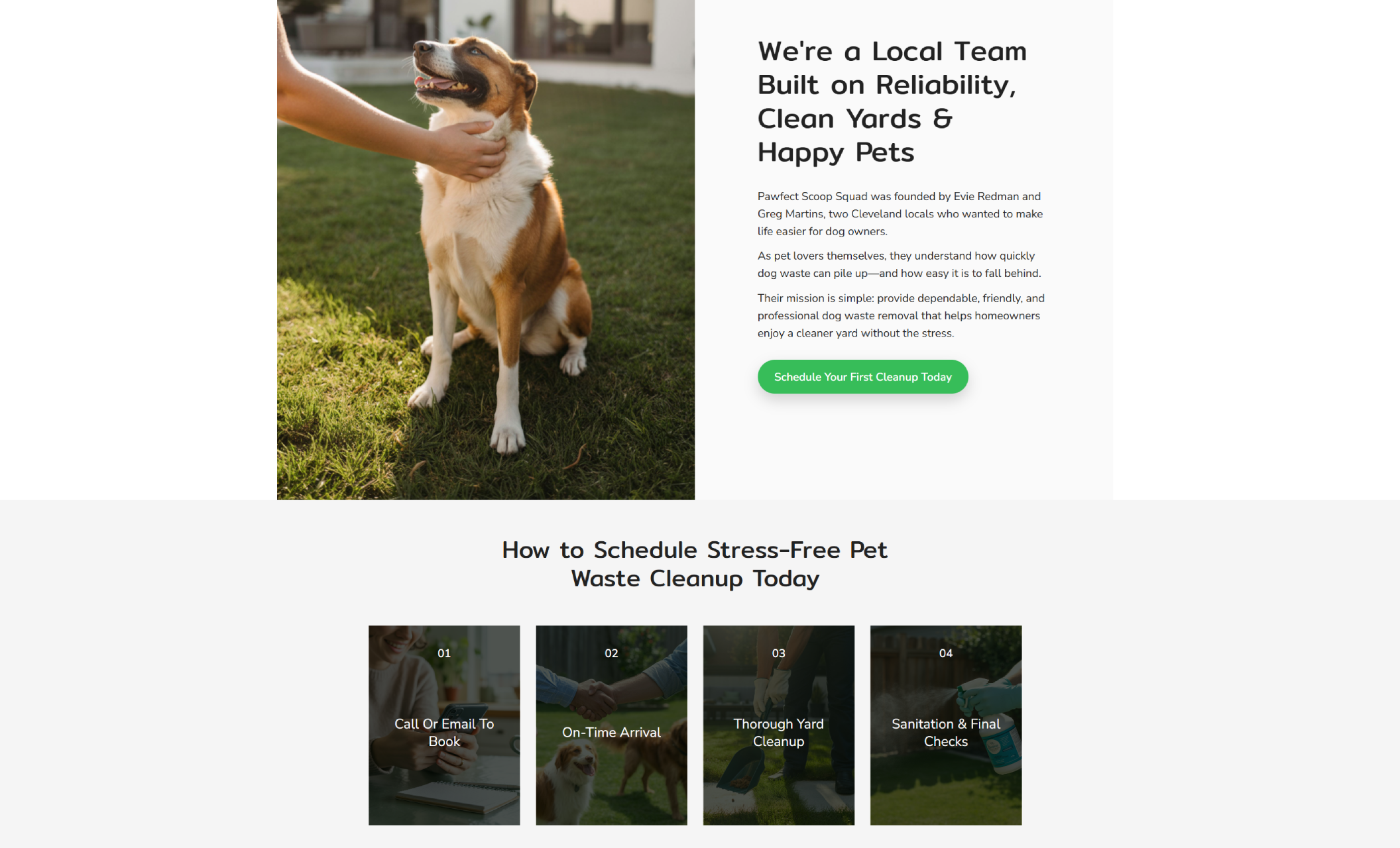 Pawfect Scoop Squad homepage hero featuring a joyful dog running across a tidy yard in front of a modern home, paired with the headline “Reliable Dog Waste Cleanup for Busy Cleveland Homeowners” and a white “Schedule a Cleanup Now” button