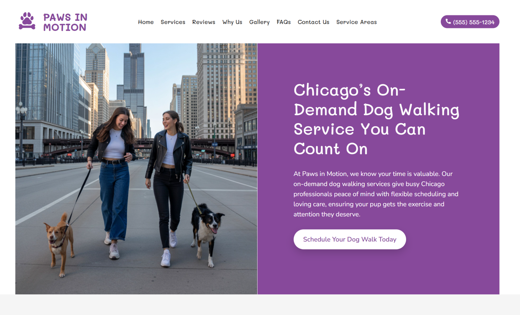 Paws in Motion homepage featuring two smiling women walking dogs on a downtown Chicago street, beside the headline “Chicago’s On-Demand Dog Walking Service You Can Count On” and a purple button that says “Schedule Your Dog Walk Today.”