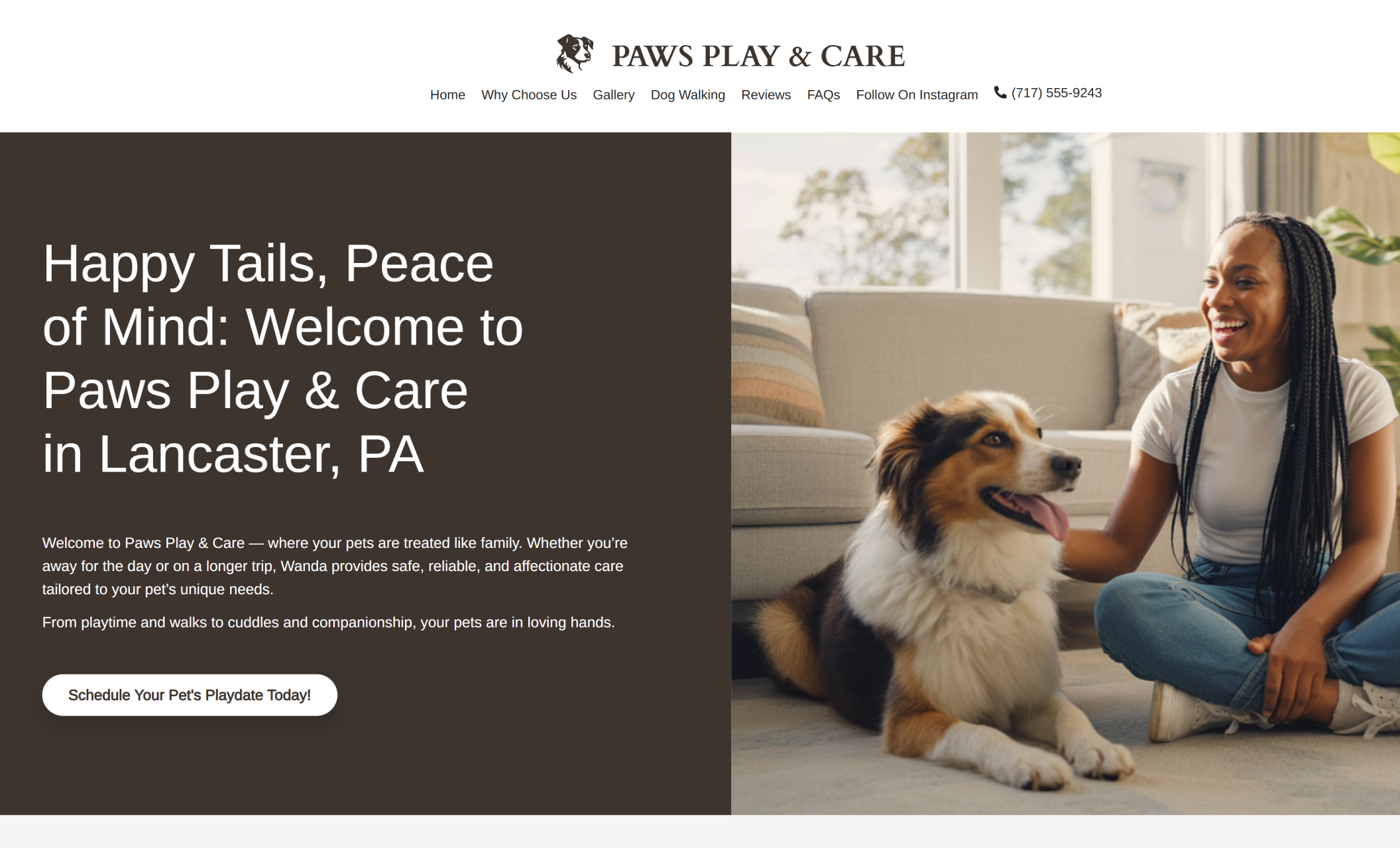 Paws Play & Care homepage hero featuring a smiling woman sitting cross-legged on the floor with her dog beside the headline “Happy Tails, Peace of Mind: Welcome to Paws Play & Care in Lancaster, PA” and a white booking button