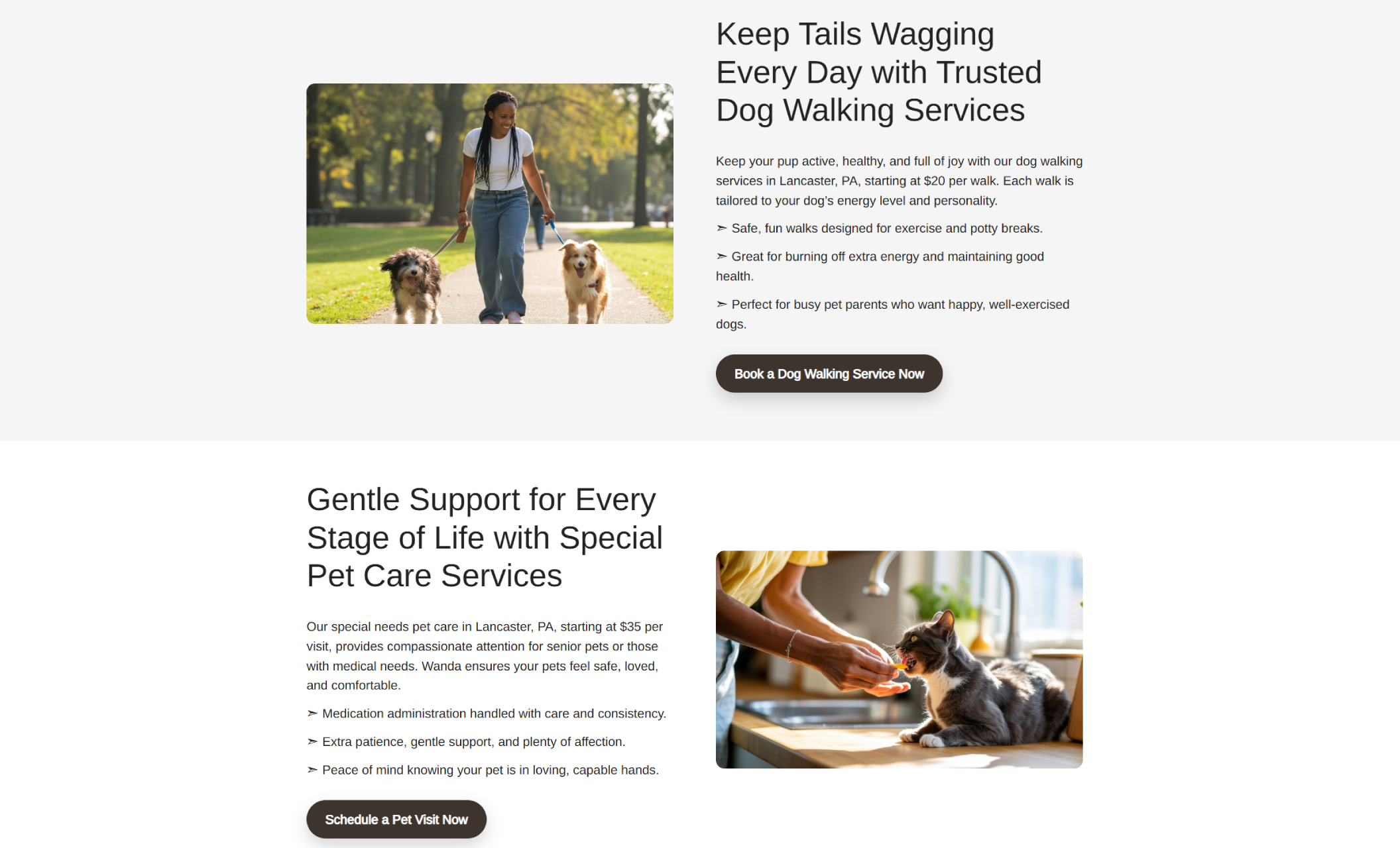 Paws Play & Care services section showing a woman walking two dogs in a park above the headline “Keep Tails Wagging Every Day with Trusted Dog Walking Services” and an image of a gray cat being gently cared for beside “Gentle Support for Every Stage of Life with Special Pet Care Services.”