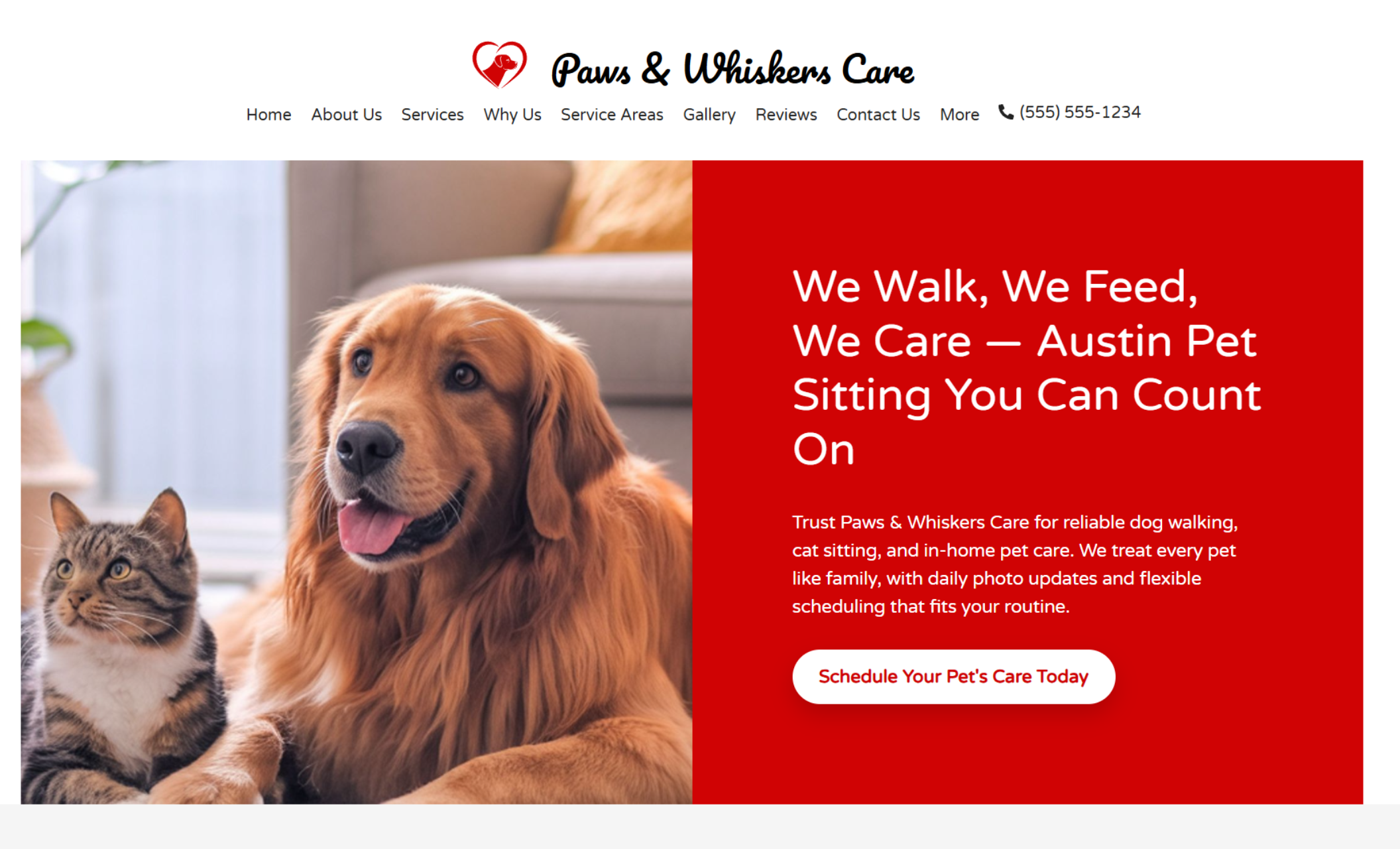 Homepage of Paws & Whiskers Care with a red headline reading “We Walk, We Feed, We Care — Austin Pet Sitting You Can Count On” beside a warm image of a golden retriever and a tabby cat lounging together
