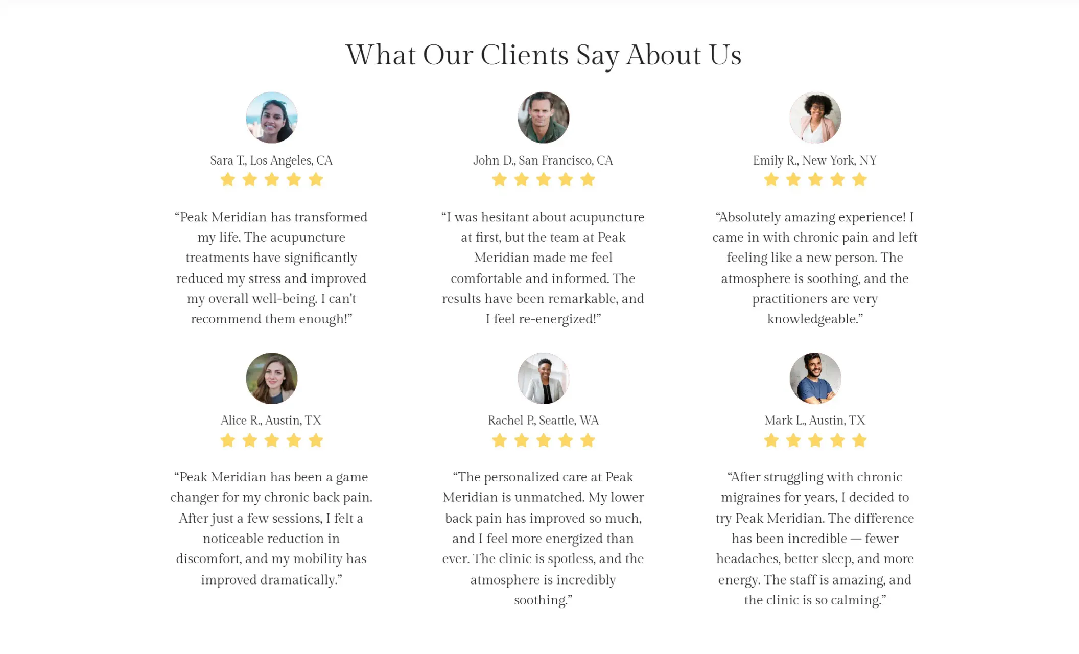Peak Meridian's website displaying client testimonials