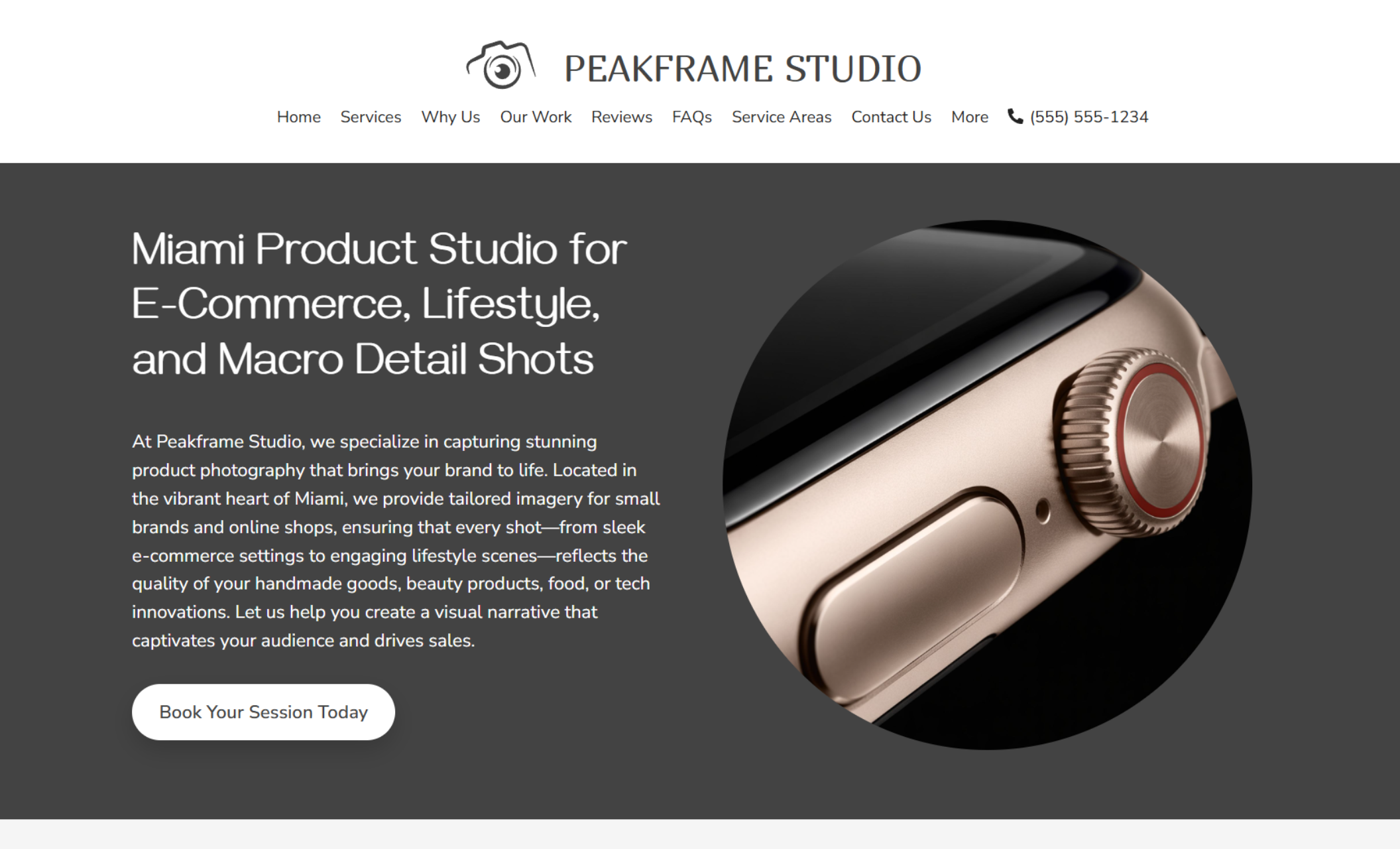 Peakframe Studio homepage hero displaying a close-up macro product photo beside the headline “Miami Product Studio for E-Commerce, Lifestyle, and Macro Detail Shots” with a white “Book Your Session Today” button
