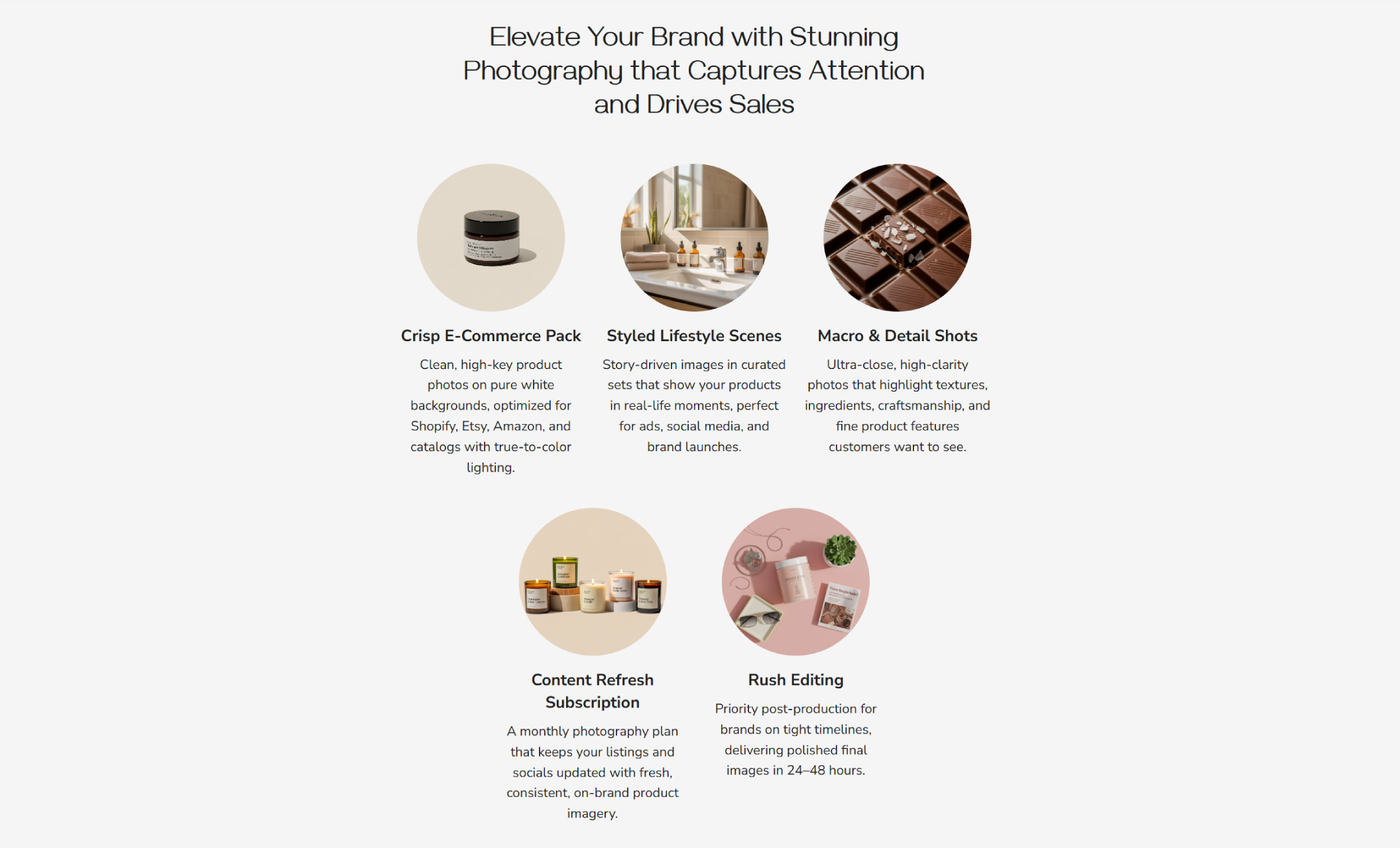 Peakframe Studio services overview showcasing circular product images labeled “Crisp E-Commerce Pack,” “Styled Lifestyle Scenes,” “Macro & Detail Shots,” “Content Refresh Subscription,” and “Rush Editing,” under the heading “Elevate Your Brand with Stunning Photography that Captures Attention and Drives Sales.”