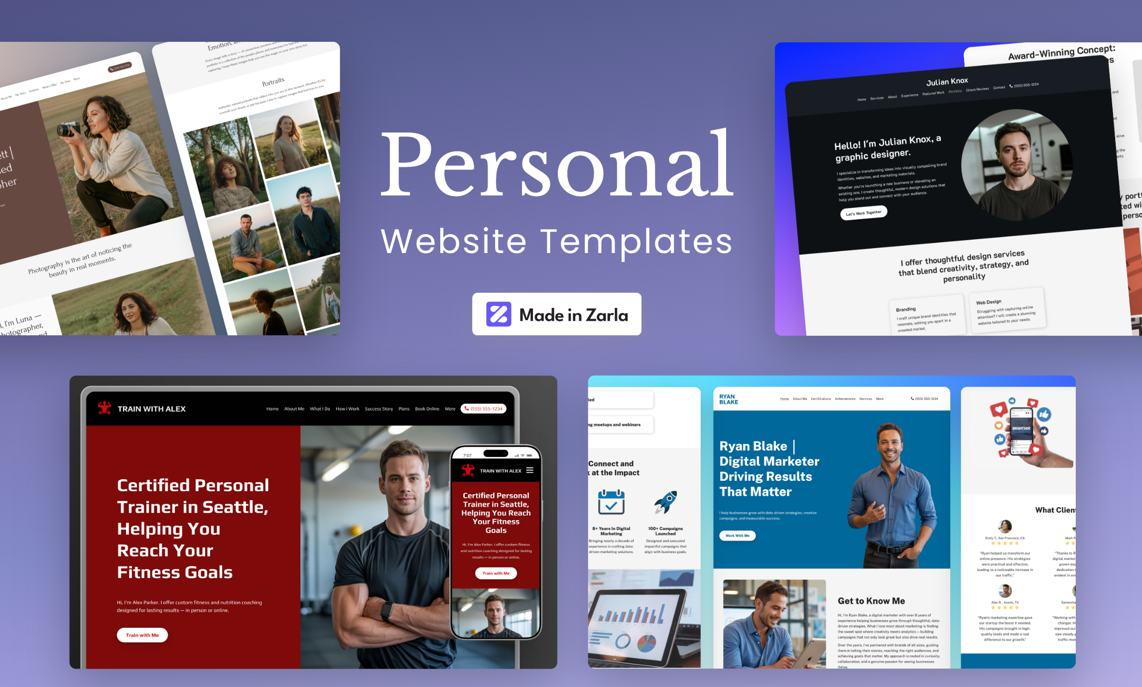 Collection of personal brand website templates created with Zarla