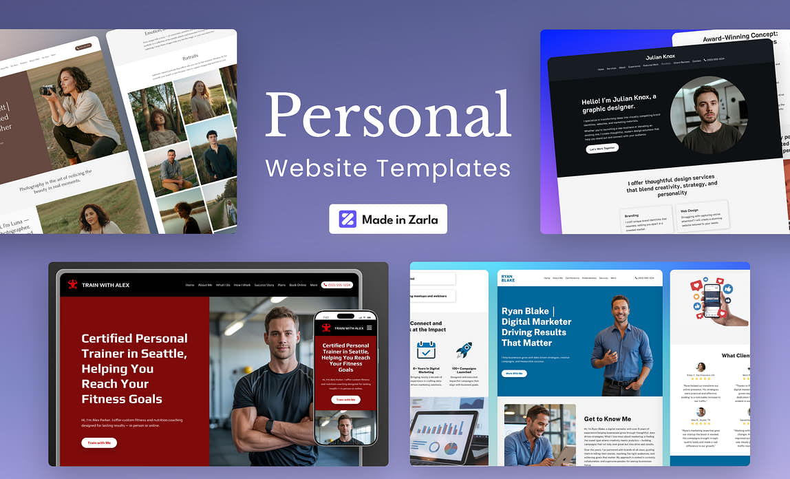 Collection of personal brand website templates created with Zarla