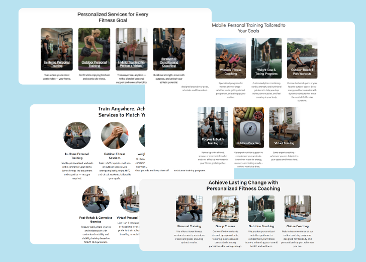 A collage of services section generated by Zarla showing different styles of service items, all having a picture, a title, and a brief description