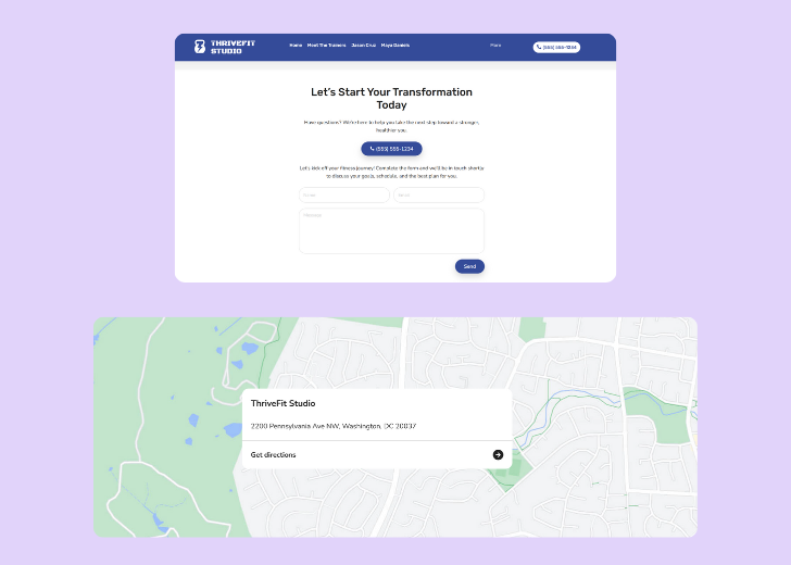 A screenshot of a header with navigation pills with contact number, a blue-colored primary button with contact number, and a 2D depiction of a map with a business address in the center