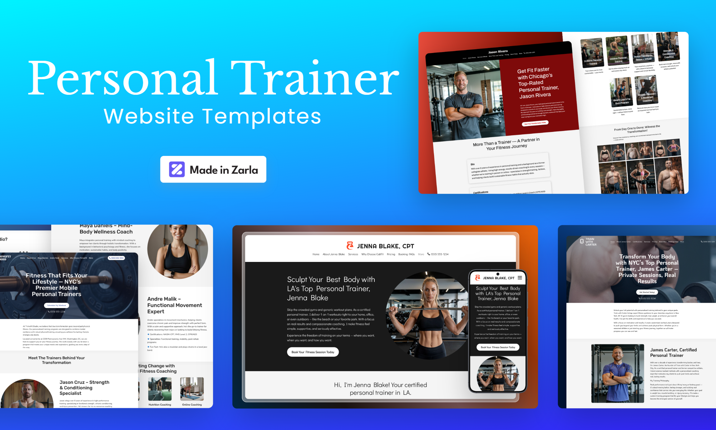 Collection of personal trainer website templates created with Zarla