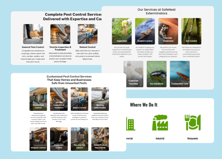 A collage of services section generated by Zarla showing different styles of service items, all having a picture, a title, and a brief description